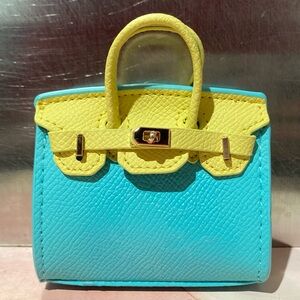👜 Handmade Mini Blue Yellow Faux Leather Birkin AirPods Tote Bag Charm Miniature